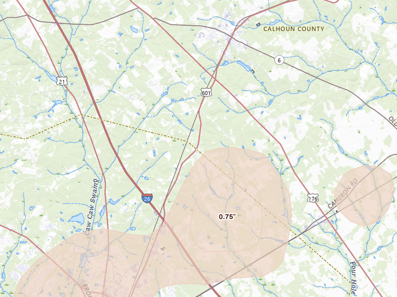 Radar-estimated hail-size map of the storm over Saint Matthews, SC on Jul 12, 2026