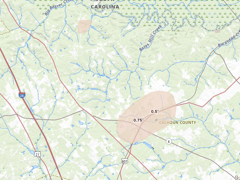 Radar-estimated hail-size map of the storm over Saint Matthews, SC on Aug 10, 2026