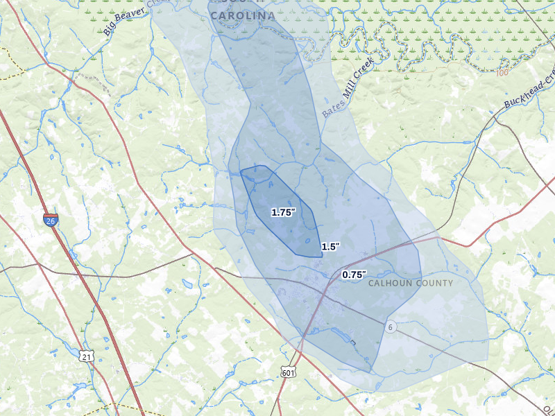 NEXRAD radar-signature map of the hail storm over Saint Matthews, SC on Aug 10, 2026