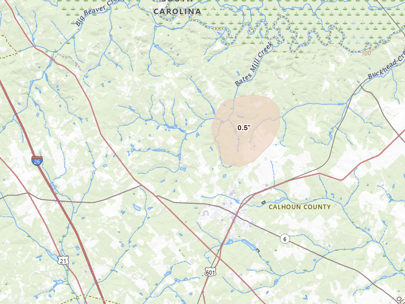 Radar-estimated hail-size map of the storm over Saint Matthews, SC on Aug 21, 2026