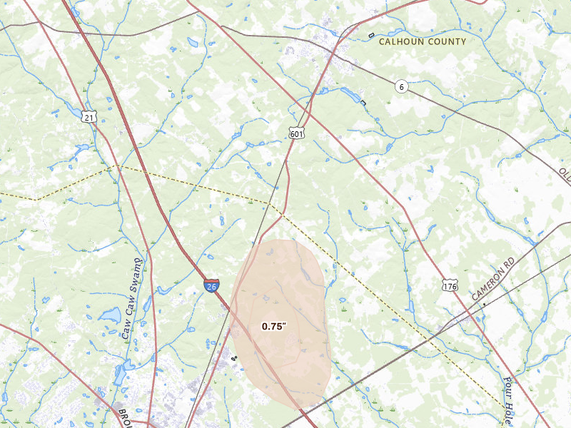 Radar-estimated hail-size map of the storm over Saint Matthews, SC
