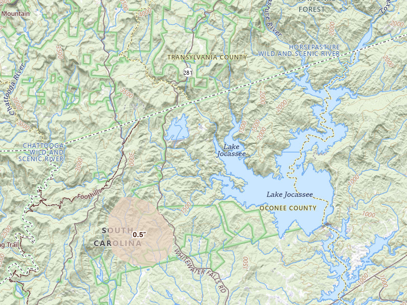 Radar-estimated hail-size map of the storm over Salem, SC on Aug 6, 2026