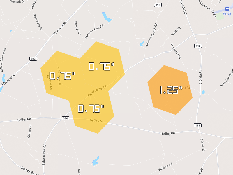 Hail map of Salley, SC on Jul 11, 2026, hail up to 1.25"
