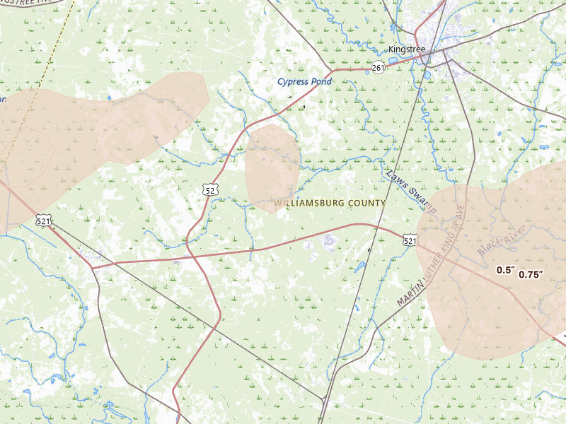 Radar-estimated hail-size map of the storm over Salters, SC on Aug 21, 2026