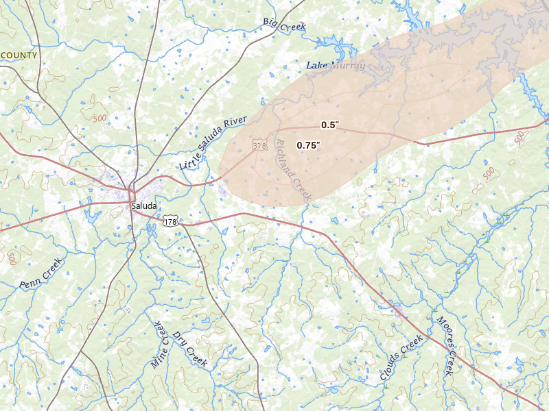 Radar-estimated hail-size map of the storm over Saluda, SC on May 23, 2026