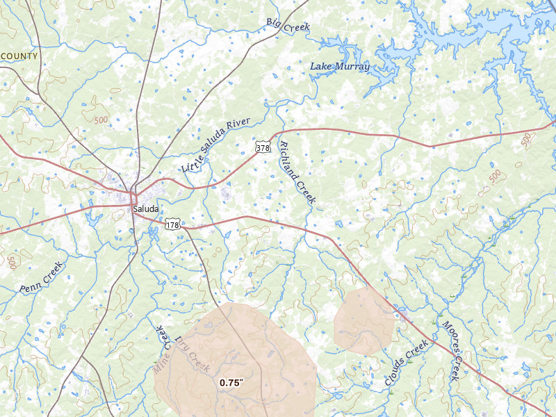 Radar-estimated hail-size map of the storm over Saluda, SC on Jul 12, 2026