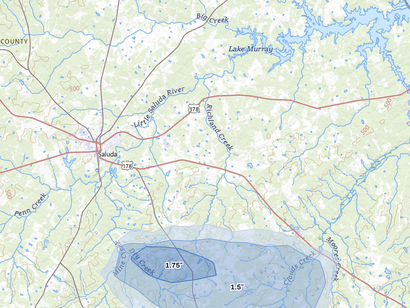 NEXRAD radar-signature map of the hail storm over Saluda, SC on Jul 12, 2026