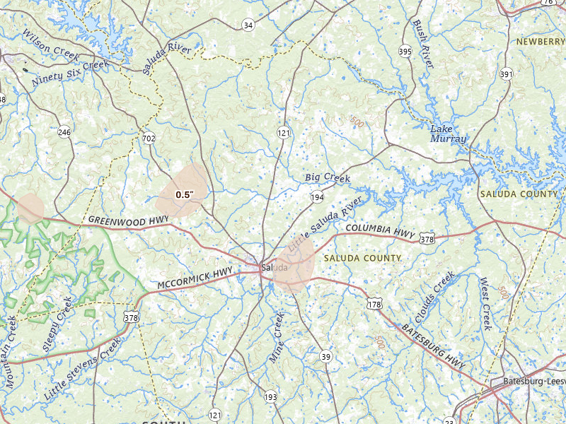 Radar-estimated hail-size map of the storm over Saluda, SC on Aug 6, 2026