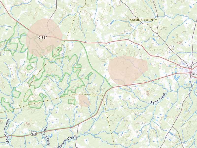 Radar-estimated hail-size map of the storm over Saluda, SC on Aug 21, 2026
