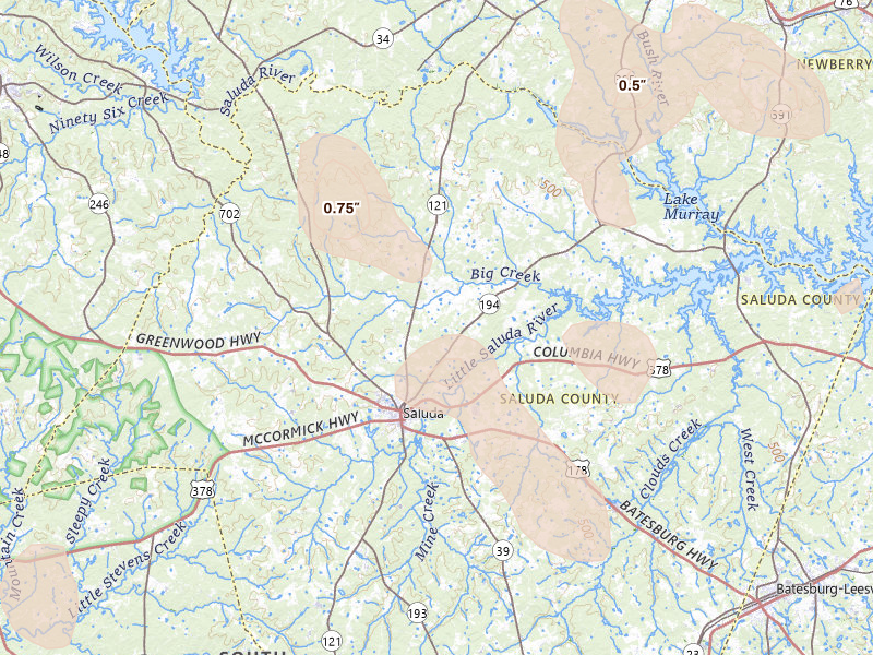 Radar-estimated hail-size map of the storm over Saluda, SC on Sep 5, 2026