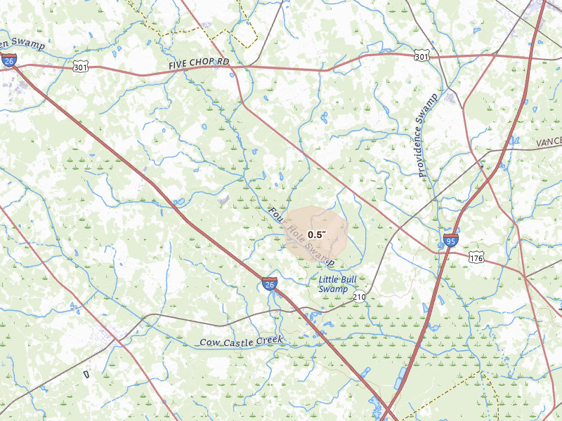 Radar-estimated hail-size map of the storm over Santee, SC on Aug 14, 2026