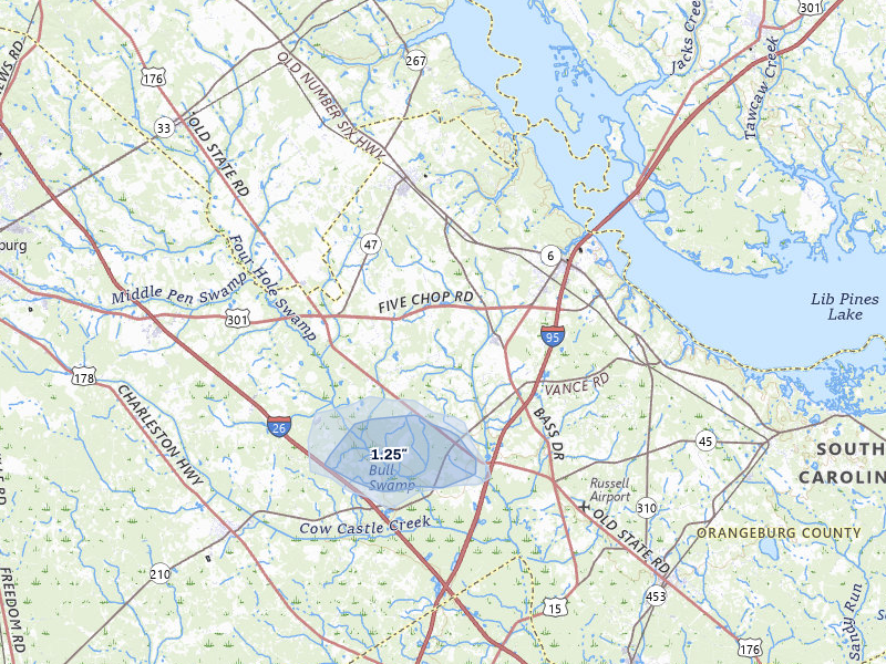 NEXRAD radar-signature map of the hail storm over Santee, SC on Aug 14, 2026