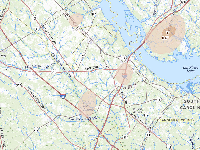 Radar-estimated hail-size map of the storm over Santee, SC on Aug 21, 2026