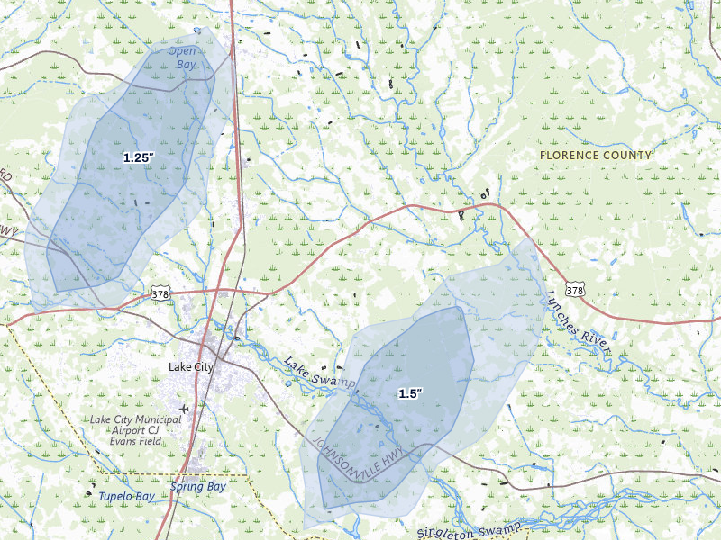 NEXRAD radar-signature map of the hail storm over Scranton, SC on Jul 12, 2026