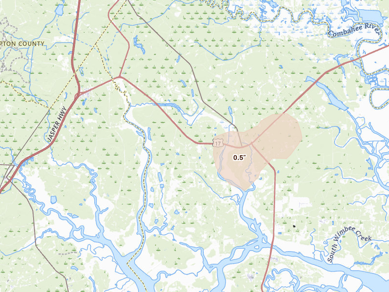 Radar-estimated hail-size map of the storm over Seabrook, SC on Aug 14, 2026