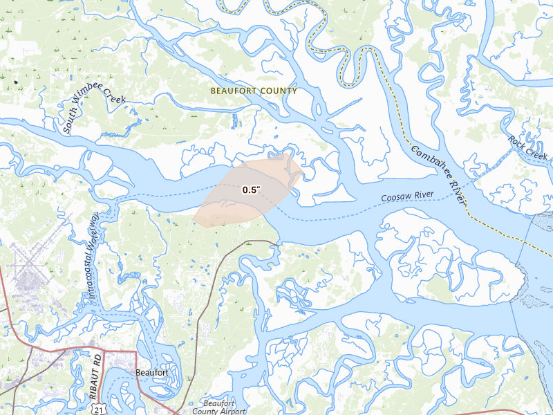 Radar-estimated hail-size map of the storm over Seabrook, SC on Aug 22, 2026