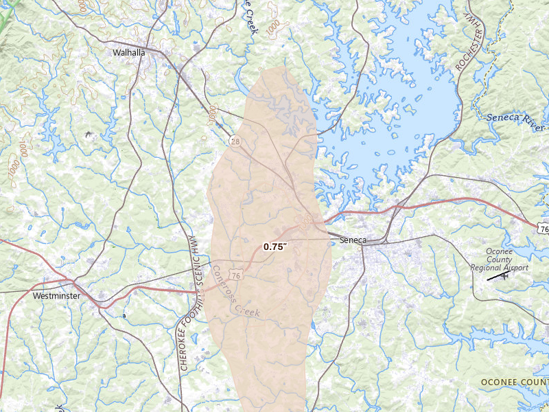 Radar-estimated hail-size map of the storm over Seneca, SC on Jun 1, 2026