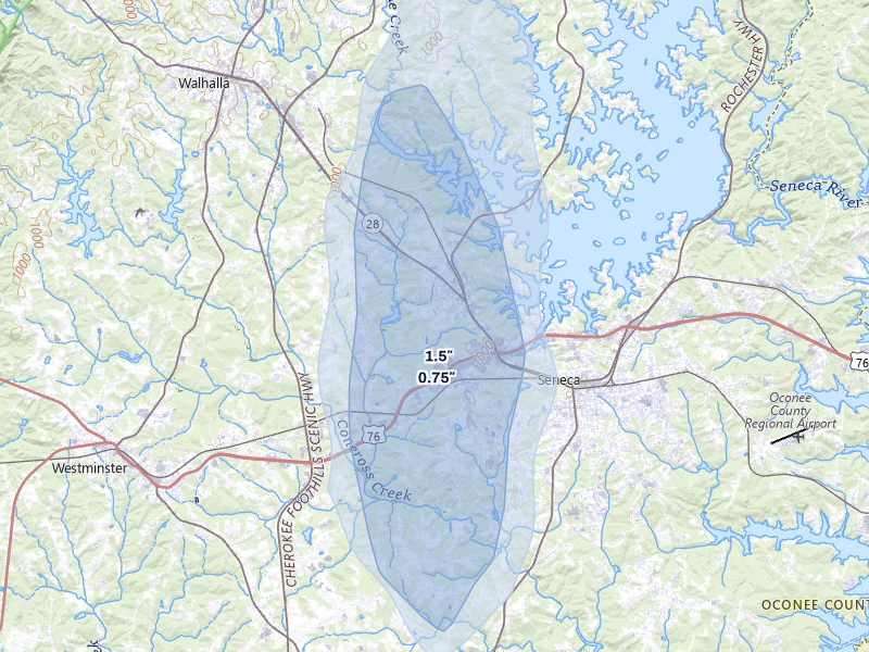 NEXRAD radar-signature map of the hail storm over Seneca, SC on Jun 1, 2026