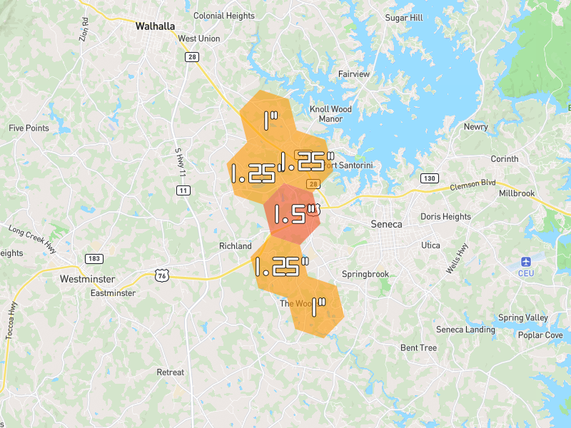 Hail map of Seneca, SC on Jun 1, 2026, hail up to 1.5"