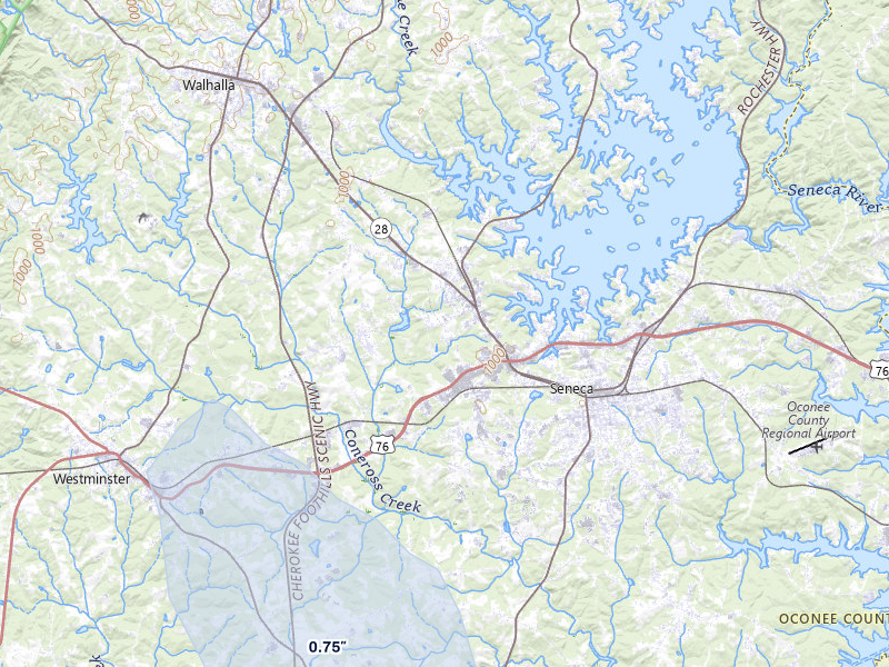 NEXRAD radar-signature map of the hail storm over Seneca, SC on Jul 28, 2026