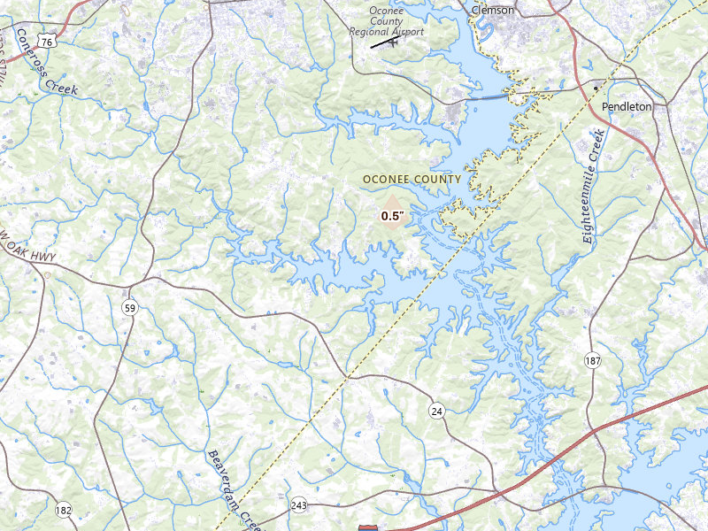 Radar-estimated hail-size map of the storm over Seneca, SC on Aug 2, 2026