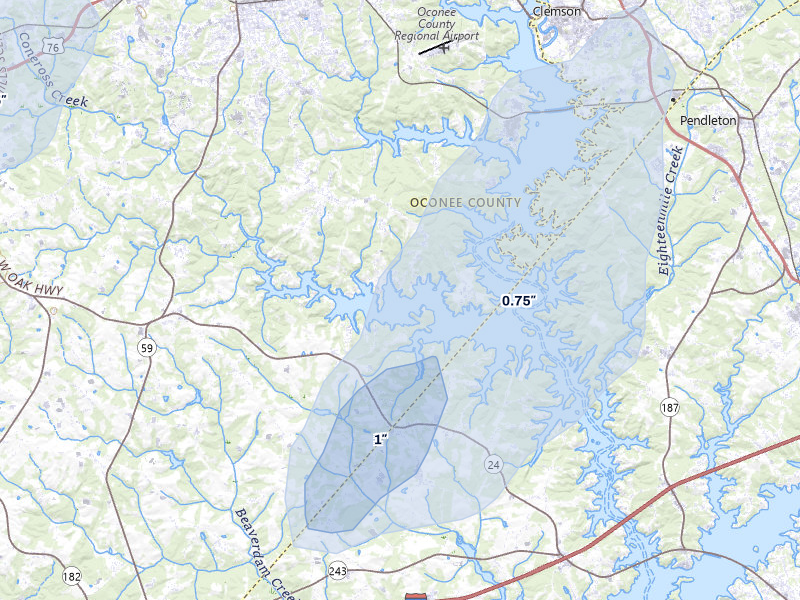 NEXRAD radar-signature map of the hail over Seneca, SC