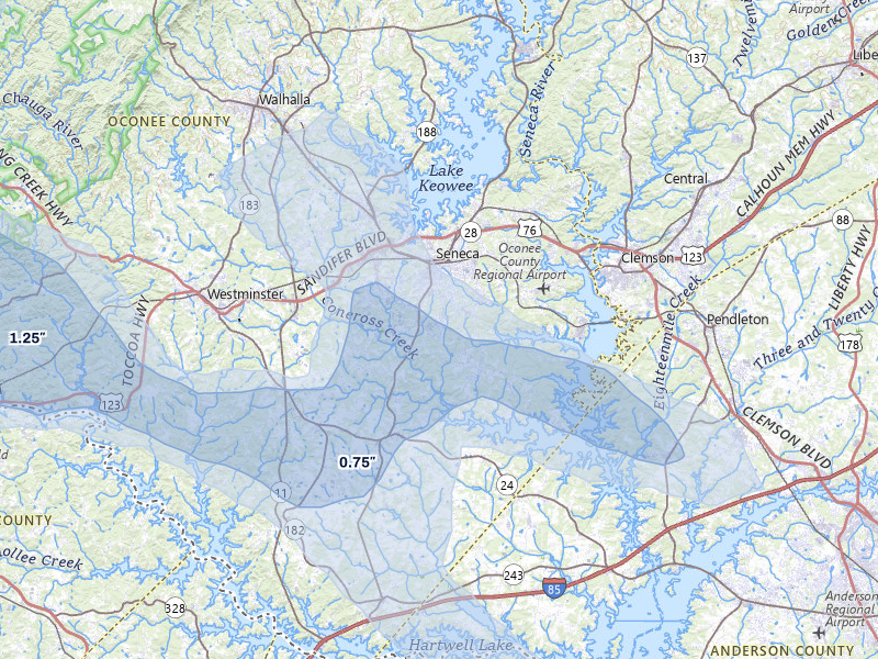 NEXRAD radar-signature map of the hail storm over Seneca, SC on Aug 11, 2026