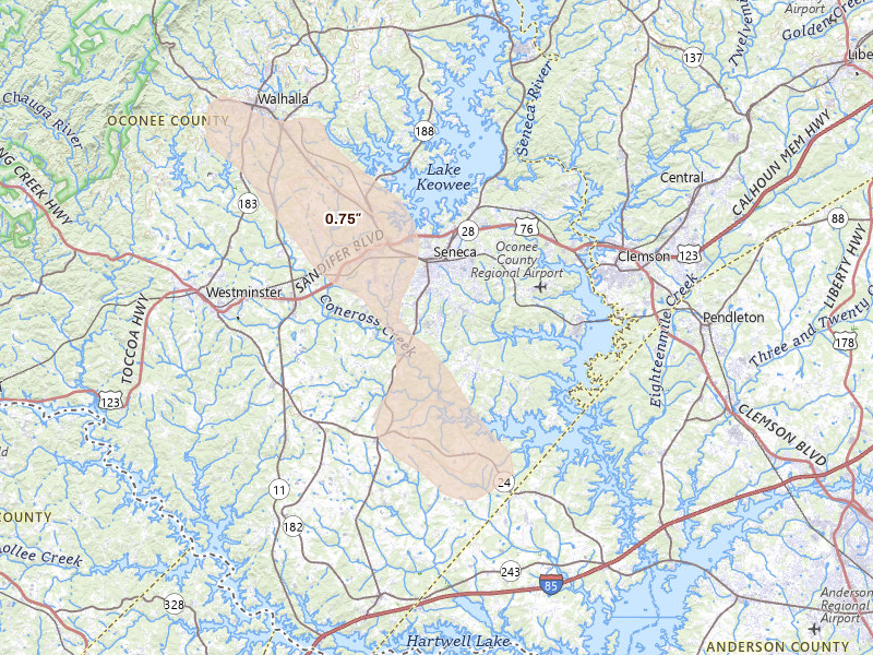 Radar-estimated hail-size map of the storm over Seneca, SC on Aug 22, 2026