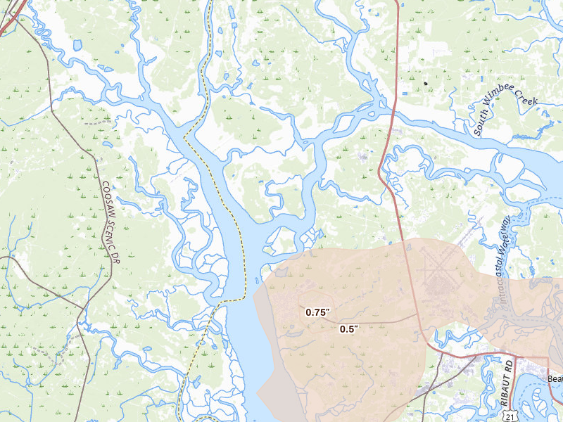 Radar-estimated hail-size map of the storm over Sheldon, SC on Aug 10, 2026