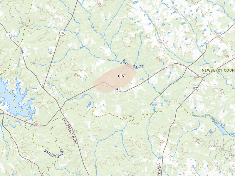 Radar-estimated hail-size map of the storm over Silverstreet, SC on Jul 5, 2026