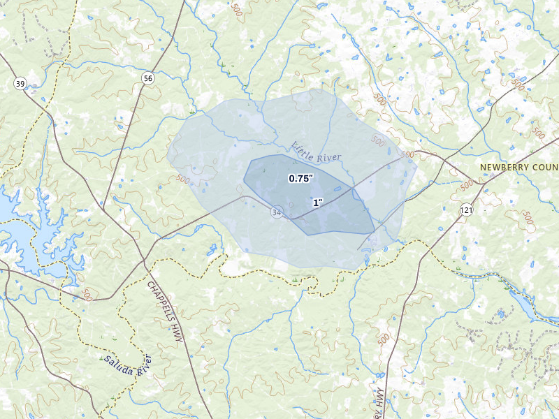 NEXRAD radar-signature map of the hail over Silverstreet, SC