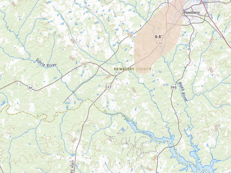 Radar-estimated hail-size map of the storm over Silverstreet, SC on Aug 21, 2026