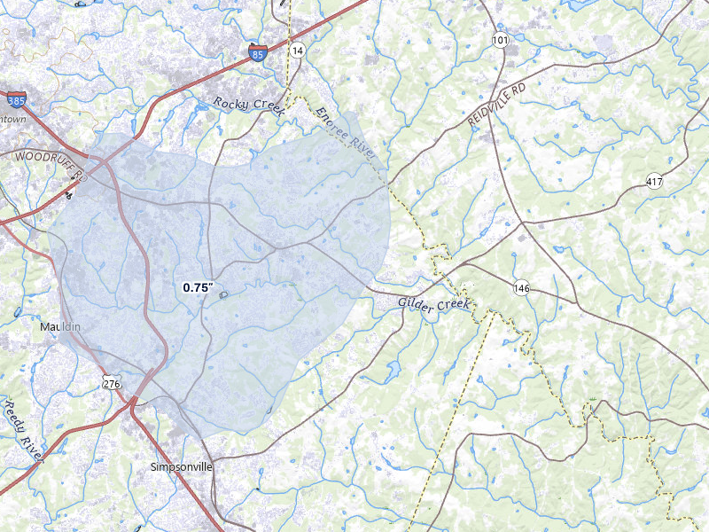 NEXRAD radar-signature map of the hail over Simpsonville, SC
