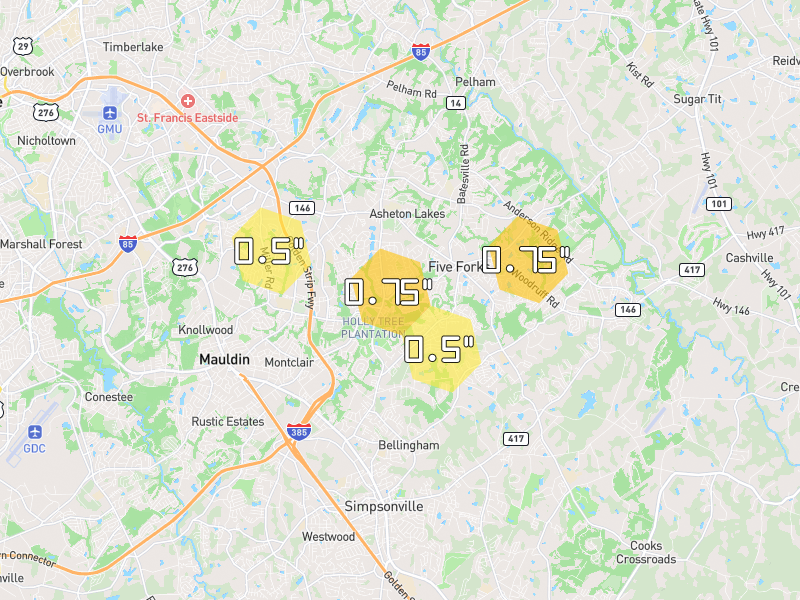 Hail map of Simpsonville, SC on Jul 11, 2026, hail up to 0.75"