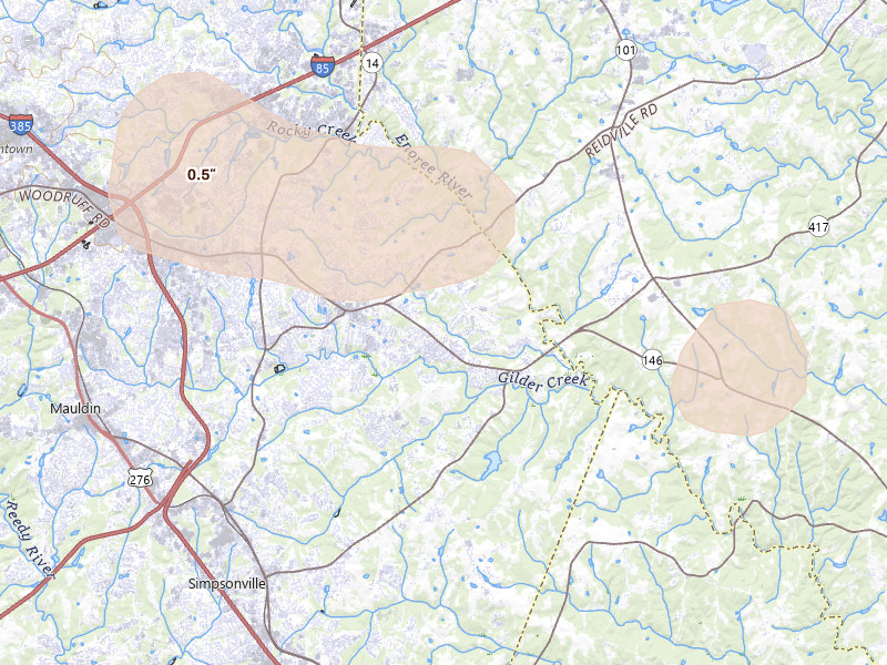 Radar-estimated hail-size map of the storm over Simpsonville, SC on Aug 10, 2026