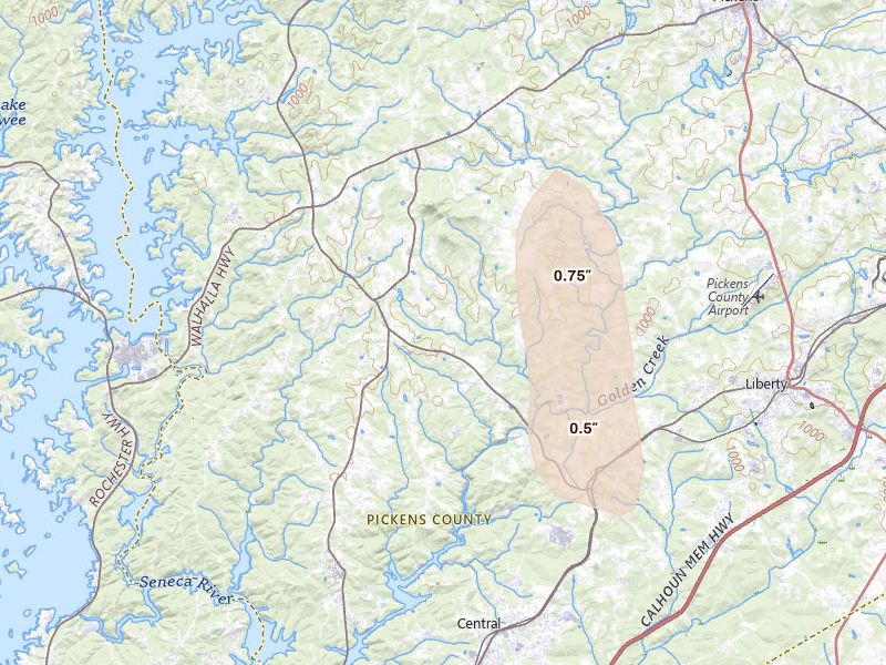Radar-estimated hail-size map of the storm over Six Mile, SC on Jun 29, 2026
