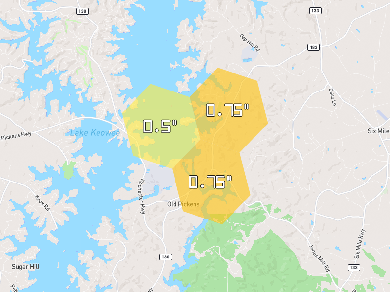 Hail map of Six Mile, SC on Jul 2, 2026, hail up to 0.75"