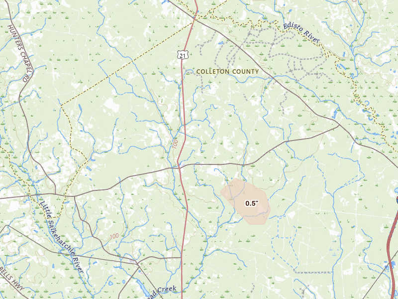 Radar-estimated hail-size map of the storm over Smoaks, SC on Jul 24, 2026