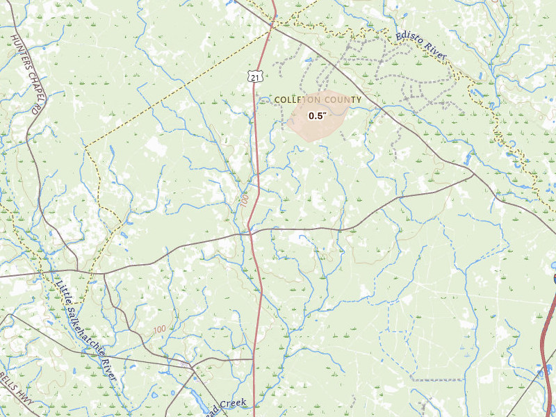 Radar-estimated hail-size map of the storm over Smoaks, SC on Aug 13, 2026