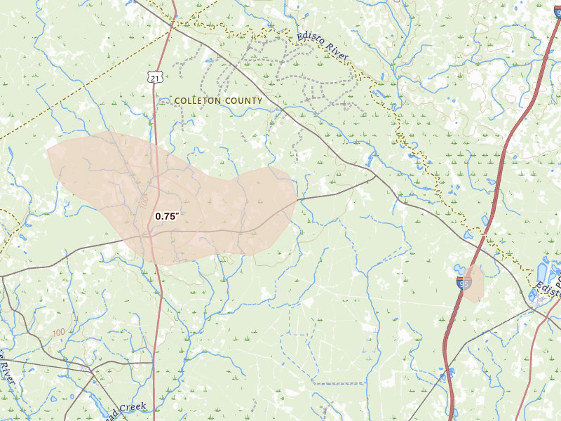 Radar-estimated hail-size map of the storm over Smoaks, SC on Aug 21, 2026