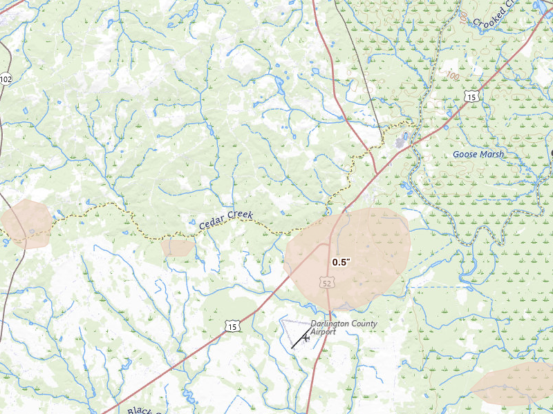 Radar-estimated hail-size map of the storm over Society Hill, SC on Aug 23, 2026