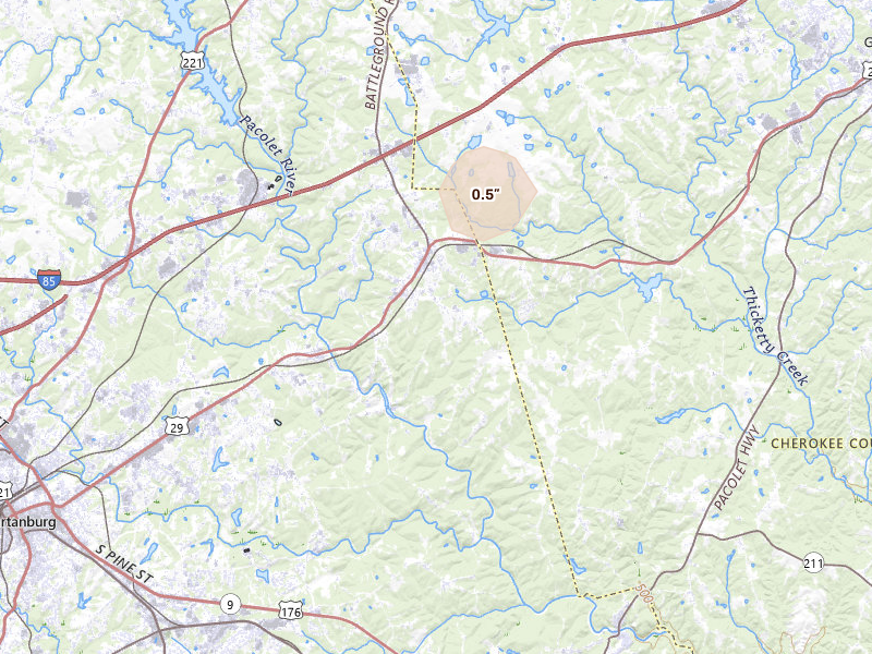 Radar-estimated hail-size map of the storm over Spartanburg, SC on Aug 9, 2026