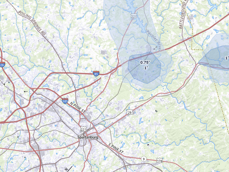 NEXRAD radar-signature map of the hail storm over Spartanburg, SC on Aug 9, 2026