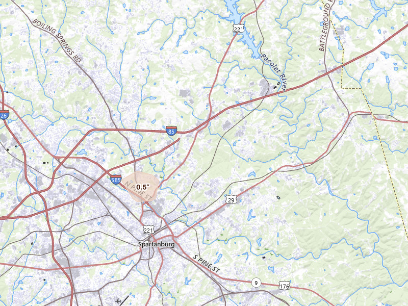 Radar-estimated hail-size map of the storm over Spartanburg, SC on Sep 5, 2026