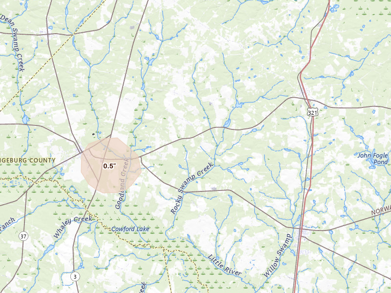 Radar-estimated hail-size map of the storm over Springfield, SC on Jul 12, 2026
