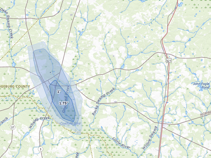 NEXRAD radar-signature map of the hail over Springfield, SC