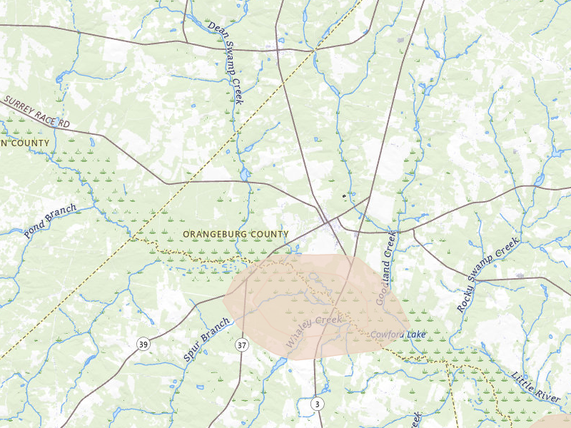 Radar-estimated hail-size map of the storm over Springfield, SC on Aug 13, 2026