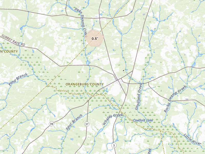 Radar-estimated hail-size map of the storm over Springfield, SC on Aug 16, 2026