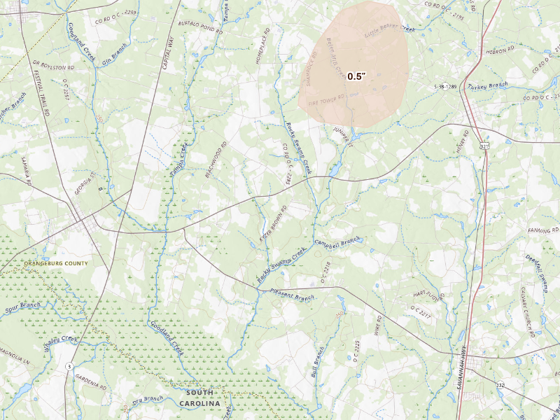 Radar-estimated hail-size map of the storm over Springfield, SC on Sep 11, 2026