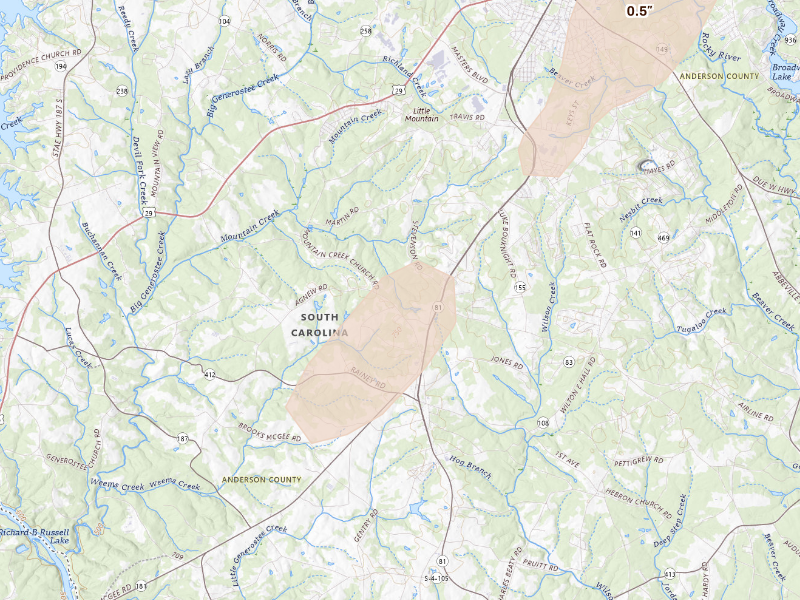 Radar-estimated hail-size map of the storm over Starr, SC